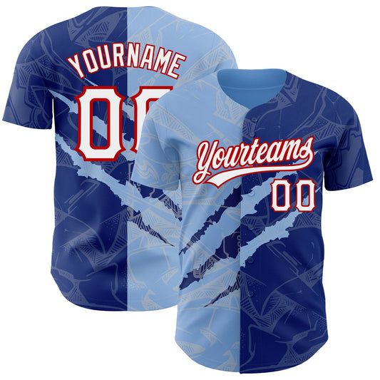 Custom Graffiti Pattern Royal Light Blue-Red 3D Scratch Authentic Baseball Jersey - Main View