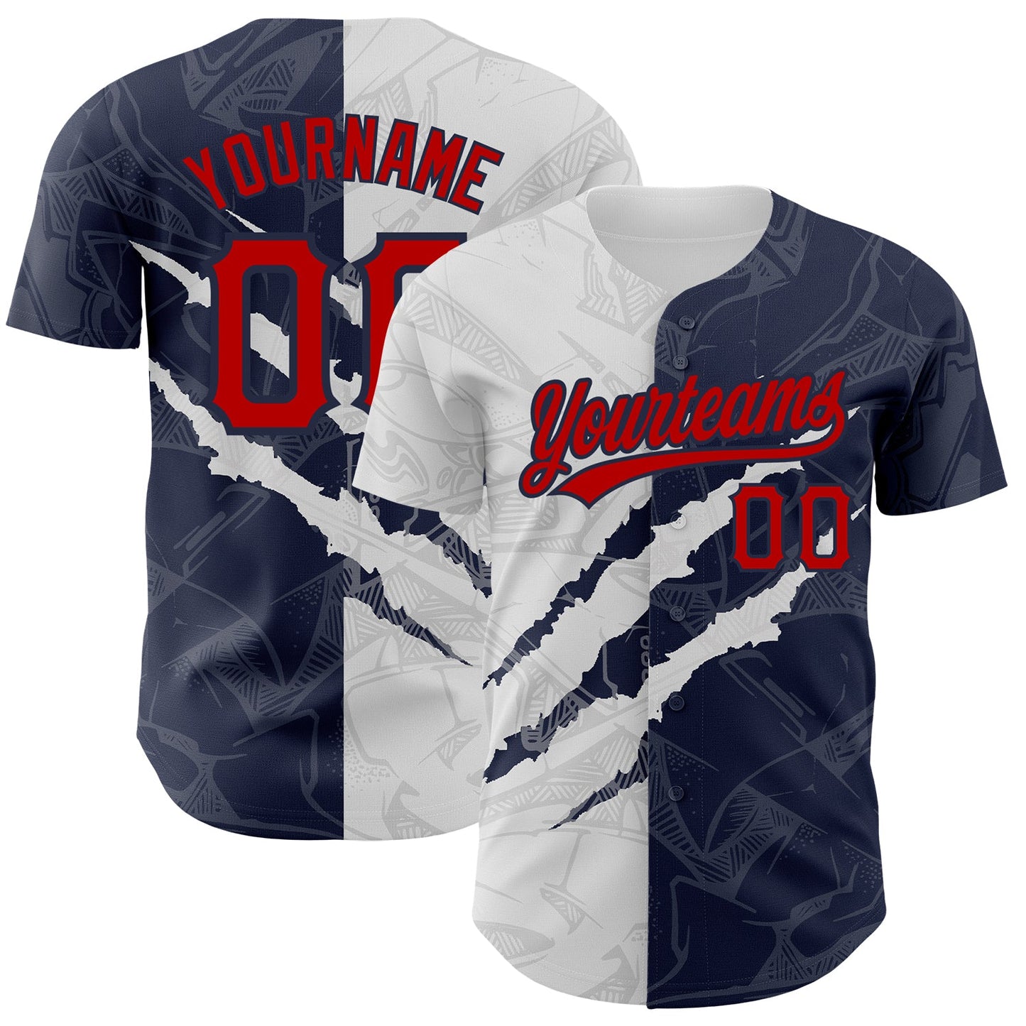 Custom Graffiti Pattern Red-Navy 3D Scratch Authentic Baseball Jersey - Main View