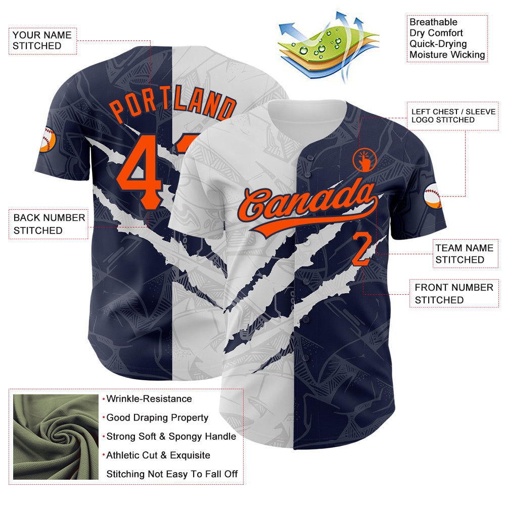 Custom Graffiti Pattern Orange-Navy 3D Scratch Authentic Baseball Jersey view 3