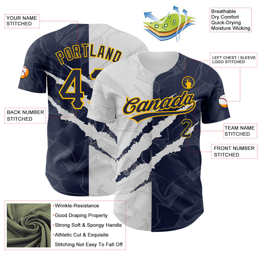 Custom Graffiti Pattern Navy-Gold 3D Scratch Authentic Baseball Jersey view 3