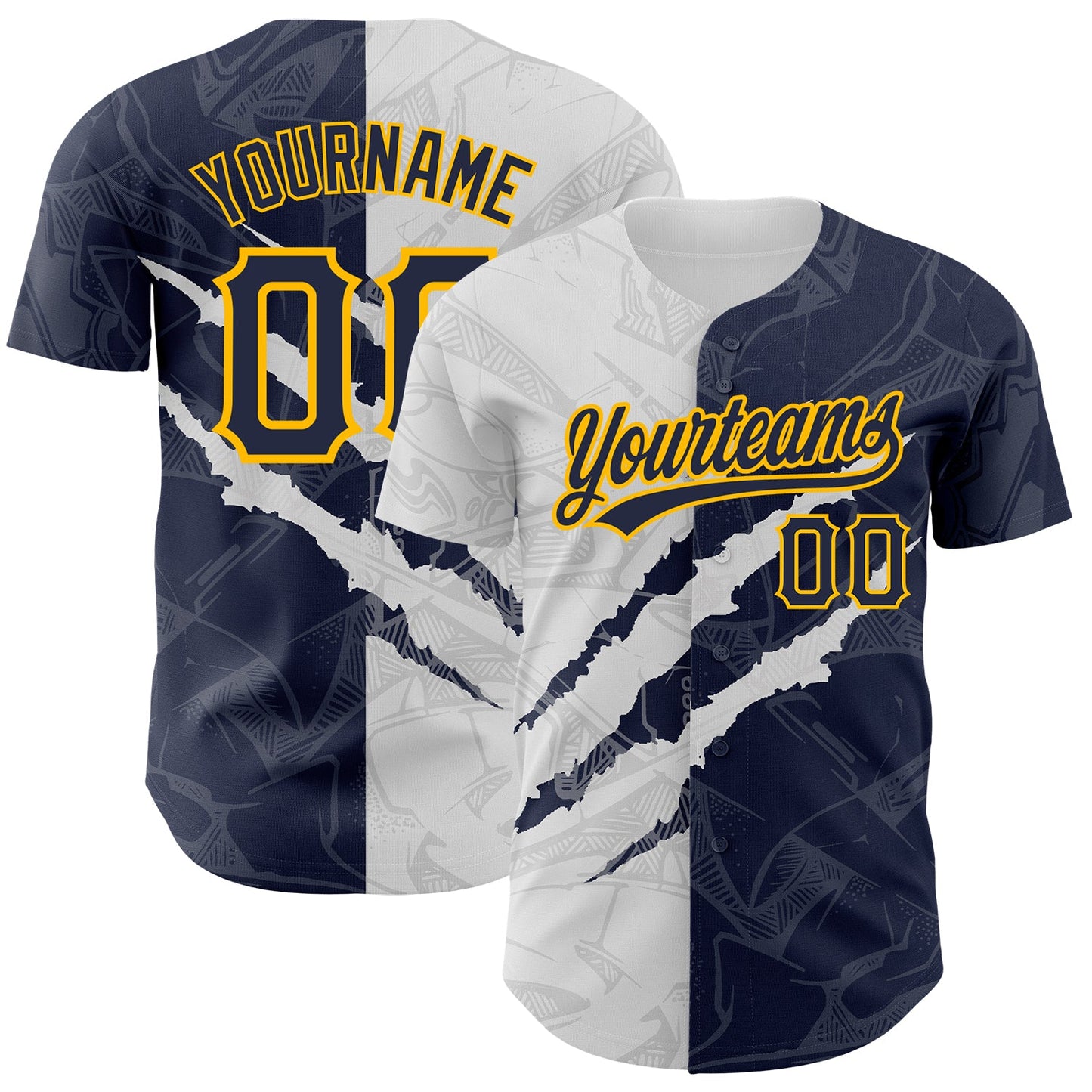 Custom Graffiti Pattern Navy-Gold 3D Scratch Authentic Baseball Jersey - Main View