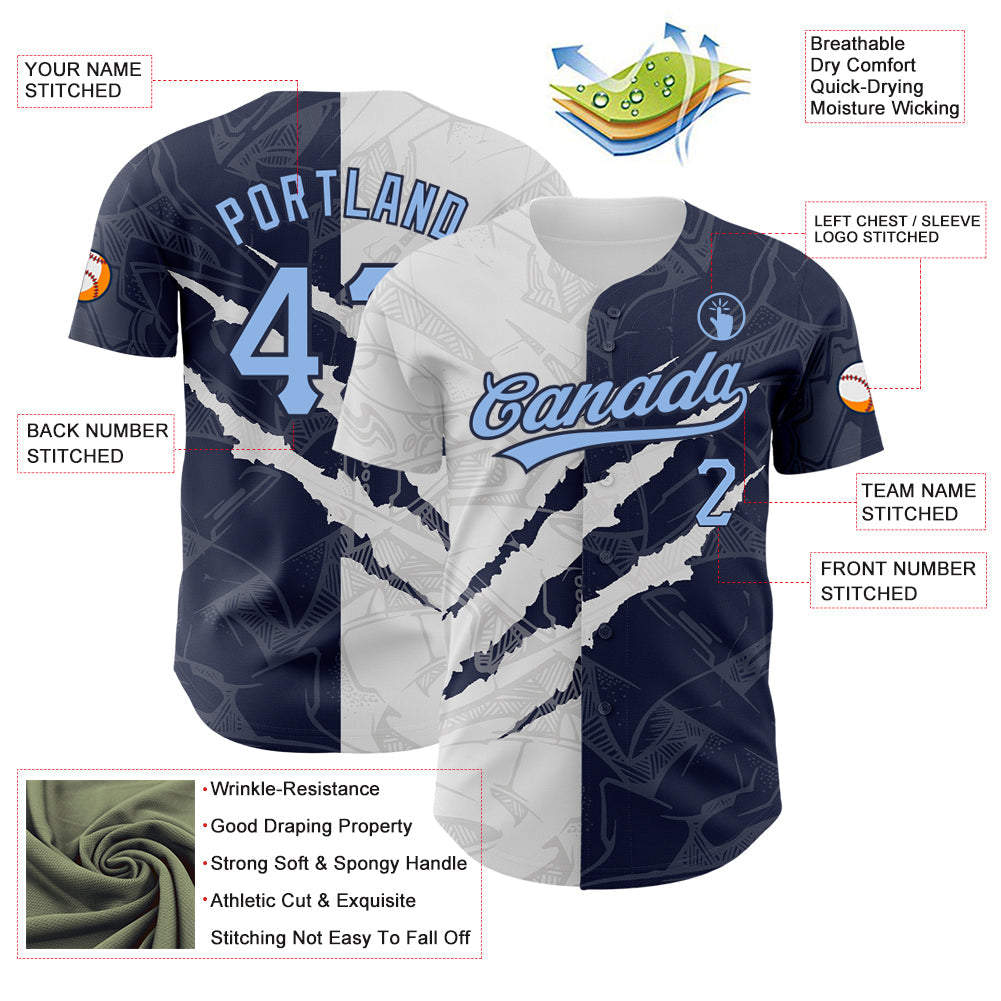 Custom Graffiti Pattern Light Blue-Navy 3D Scratch Authentic Baseball Jersey view 3