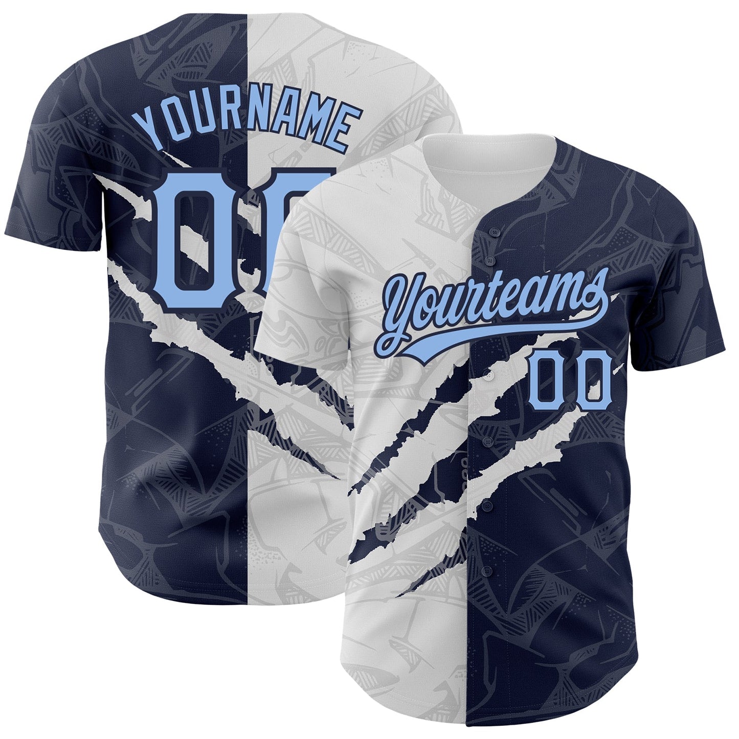Custom Graffiti Pattern Light Blue-Navy 3D Scratch Authentic Baseball Jersey - Main View