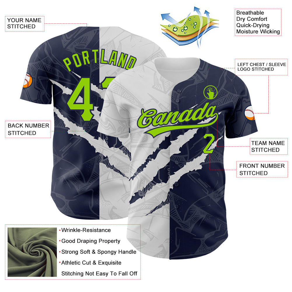 Custom Graffiti Pattern Neon Green-Navy 3D Scratch Authentic Baseball Jersey view 3