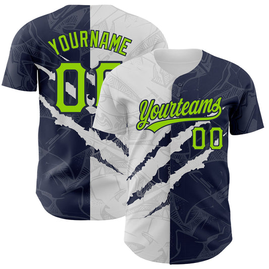 Custom Graffiti Pattern Neon Green-Navy 3D Scratch Authentic Baseball Jersey - Main View