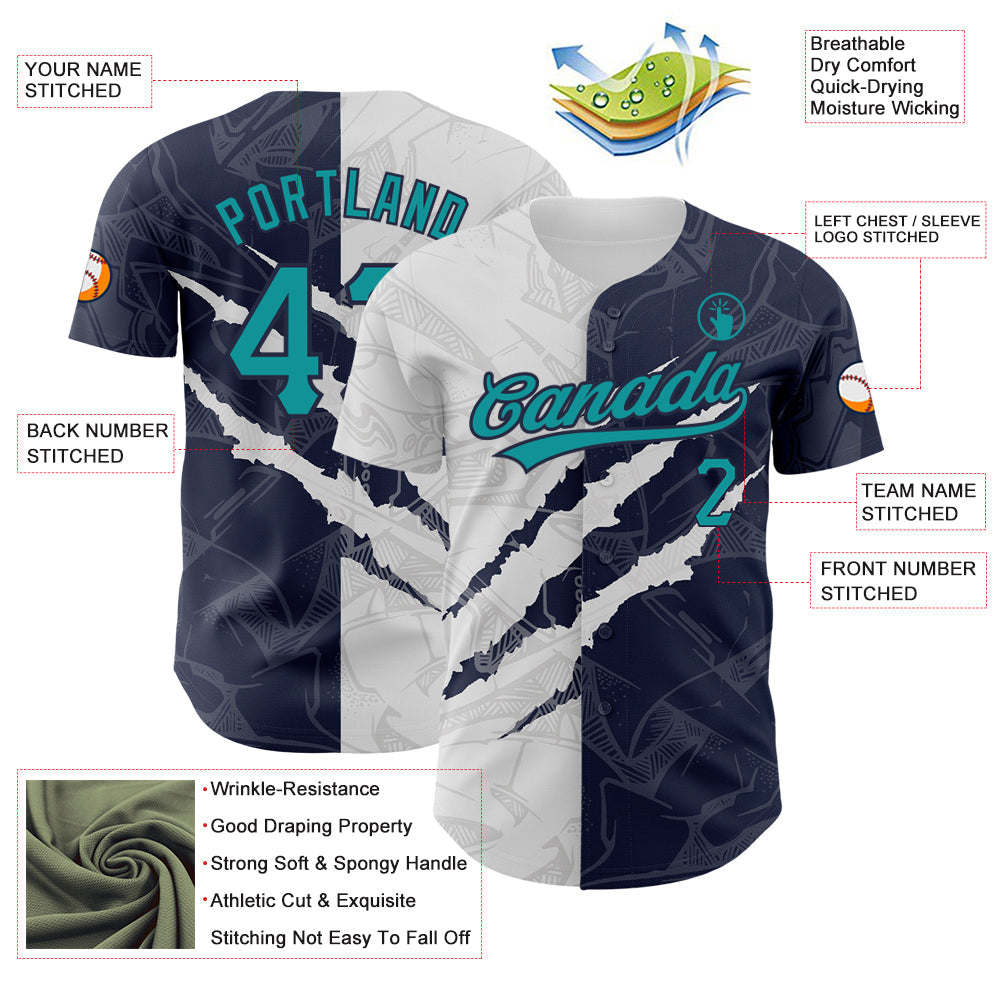 Custom Graffiti Pattern Teal-Navy 3D Scratch Authentic Baseball Jersey view 3