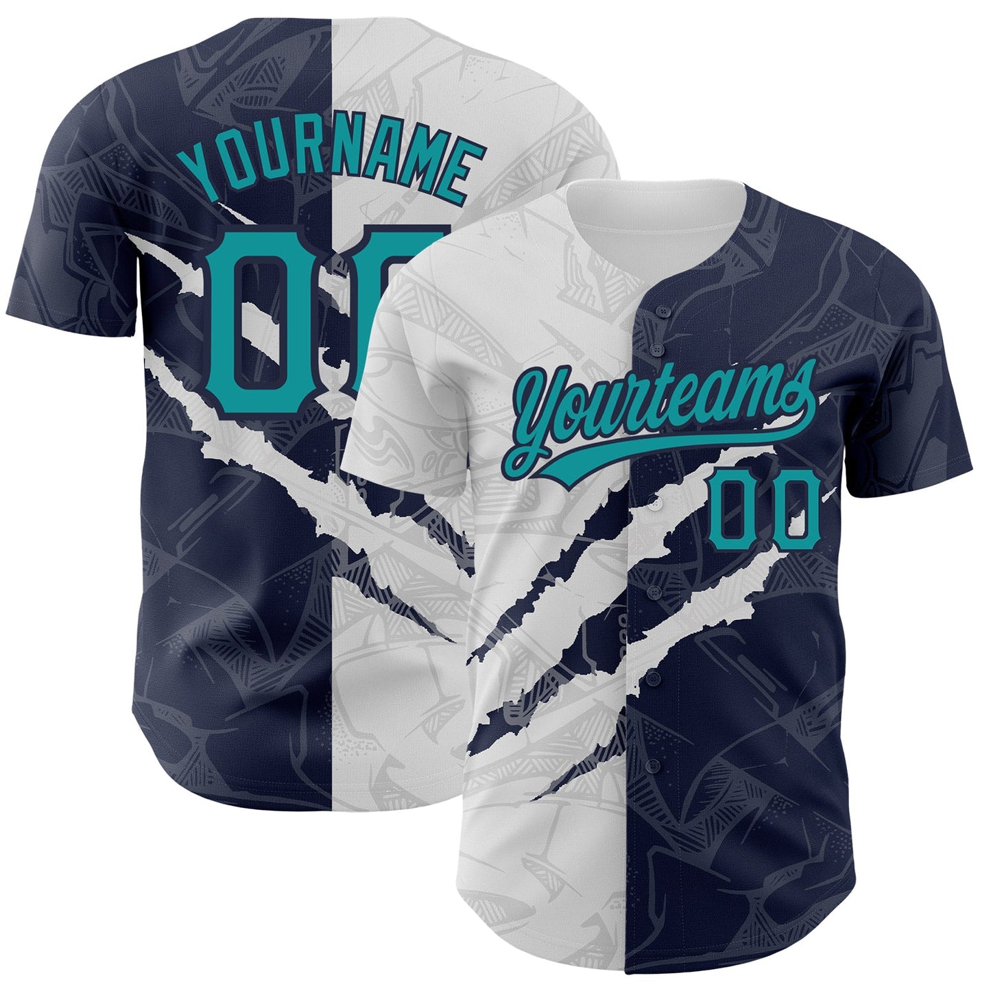 Custom Graffiti Pattern Teal-Navy 3D Scratch Authentic Baseball Jersey - Main View