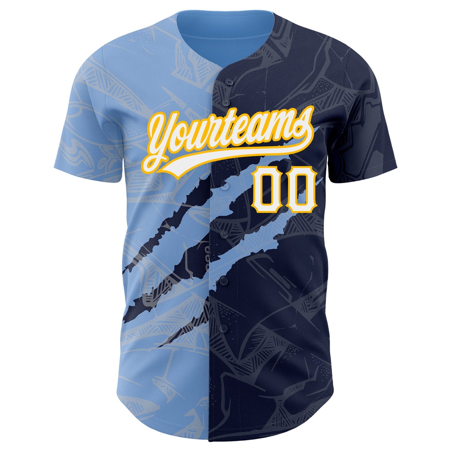 Custom Graffiti Pattern Navy Light Blue-Gold 3D Scratch Authentic Baseball Jersey view 2