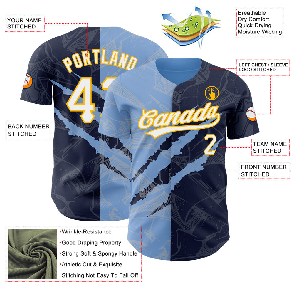 Custom Graffiti Pattern Navy Light Blue-Gold 3D Scratch Authentic Baseball Jersey view 3