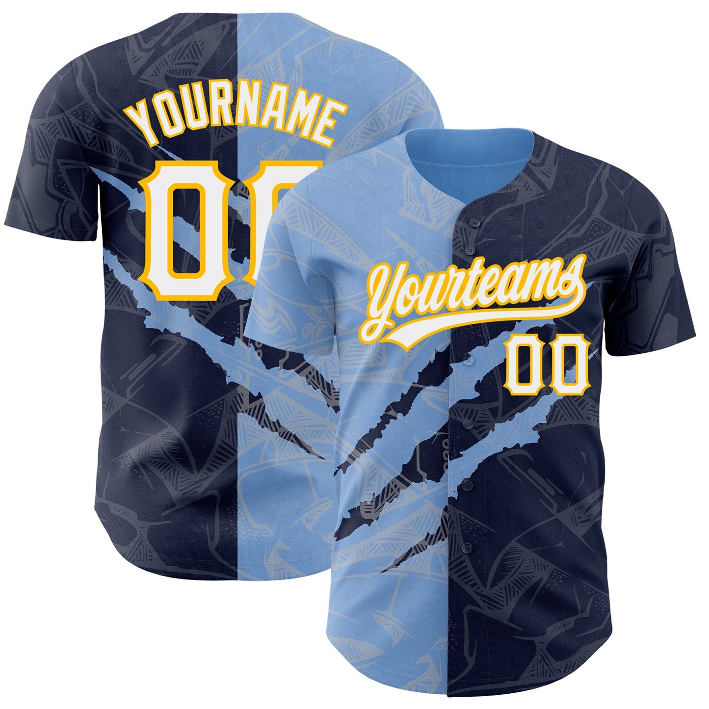 Custom Graffiti Pattern Navy Light Blue-Gold 3D Scratch Authentic Baseball Jersey - Main View