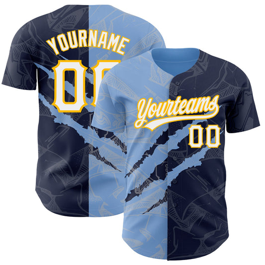 Custom Graffiti Pattern Navy Light Blue-Gold 3D Scratch Authentic Baseball Jersey - Main View