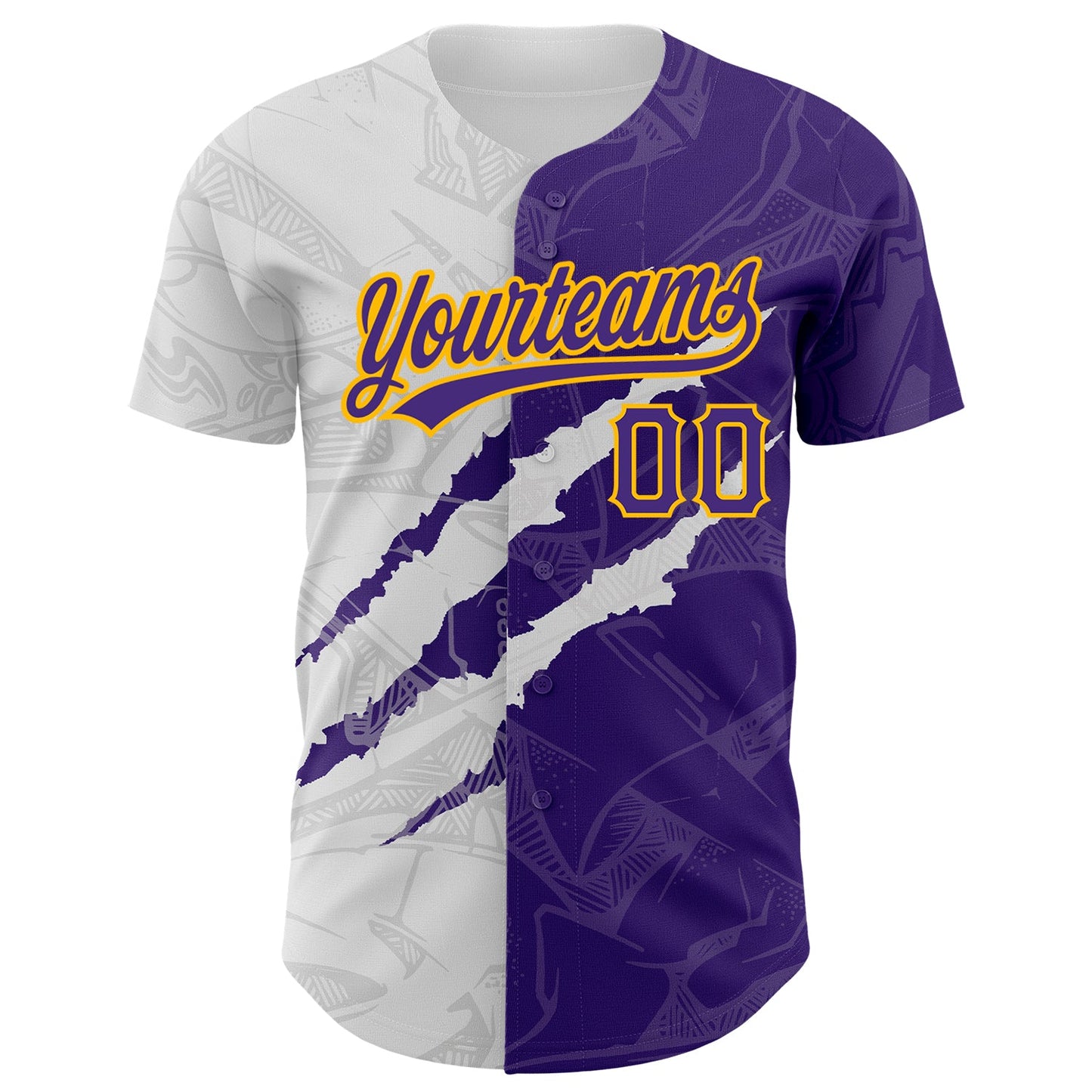 Custom Graffiti Pattern Purple-Gold 3D Scratch Authentic Baseball Jersey view 2