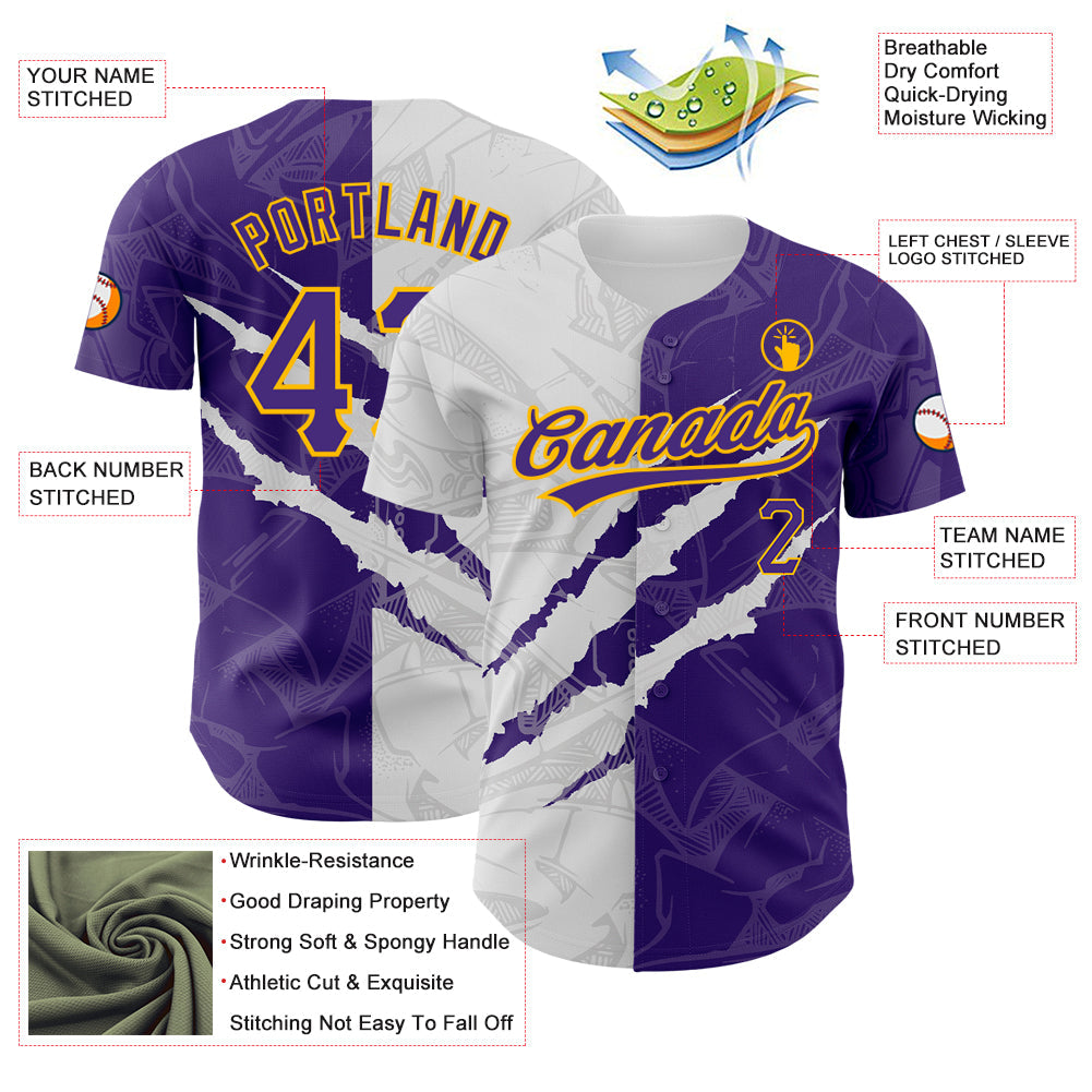 Custom Graffiti Pattern Purple-Gold 3D Scratch Authentic Baseball Jersey view 3
