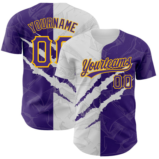 Custom Graffiti Pattern Purple-Gold 3D Scratch Authentic Baseball Jersey - Main View
