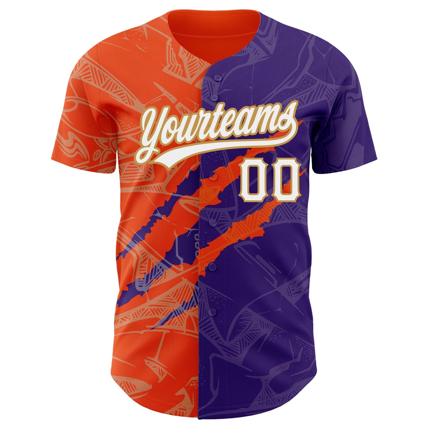 Custom Graffiti Pattern Purple Orange-Old Gold 3D Scratch Authentic Baseball Jersey view 2