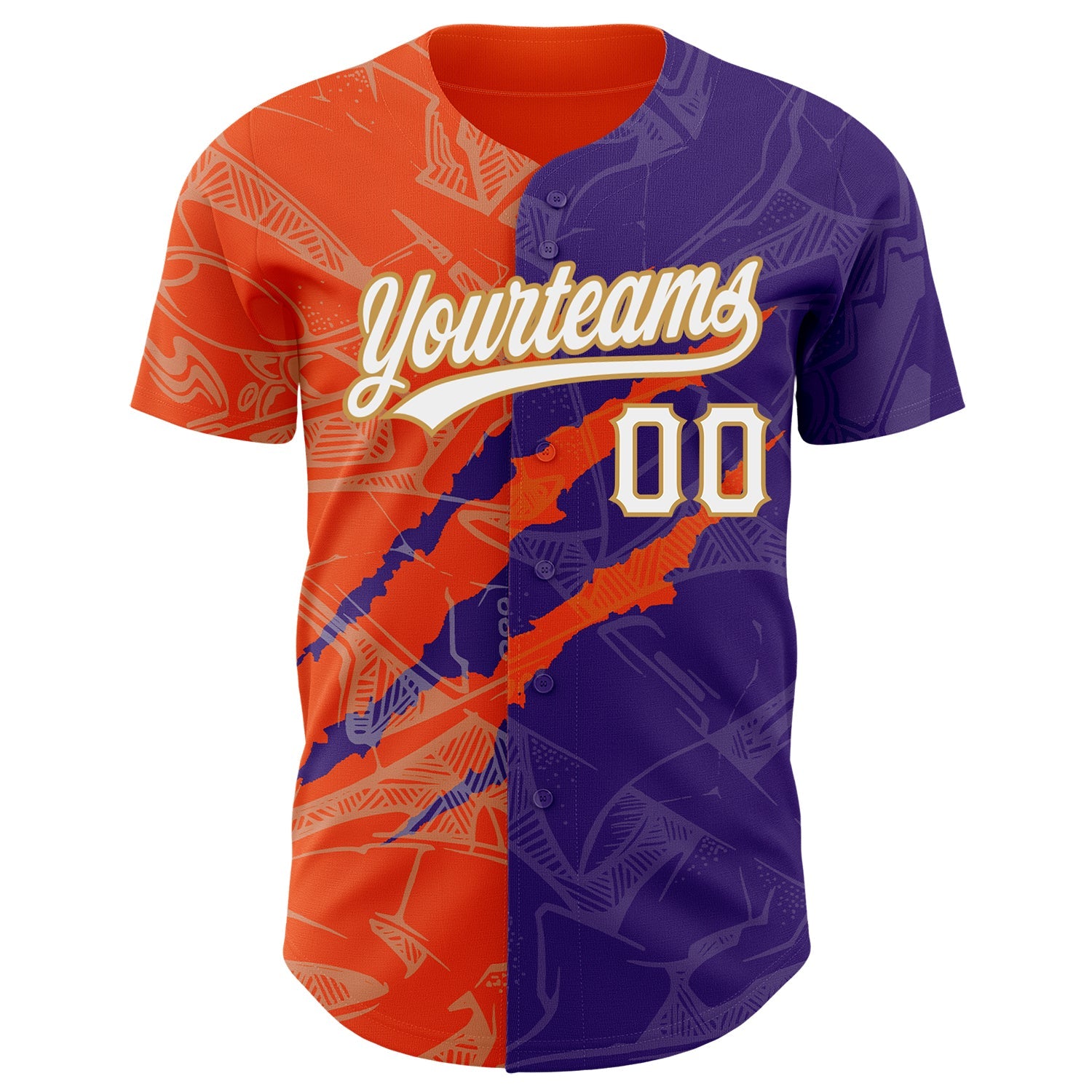 Custom Graffiti Pattern Purple Orange-Old Gold 3D Scratch Authentic Baseball Jersey view 2