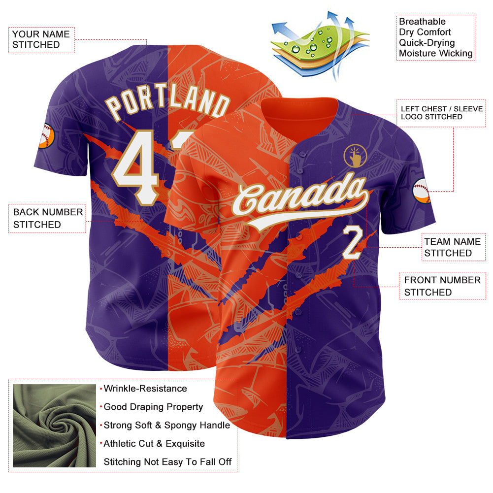 Custom Graffiti Pattern Purple Orange-Old Gold 3D Scratch Authentic Baseball Jersey view 3