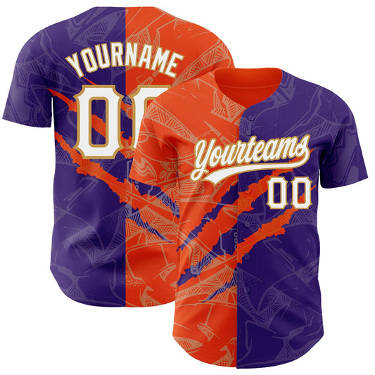 Custom Graffiti Pattern Purple Orange-Old Gold 3D Scratch Authentic Baseball Jersey - Main View
