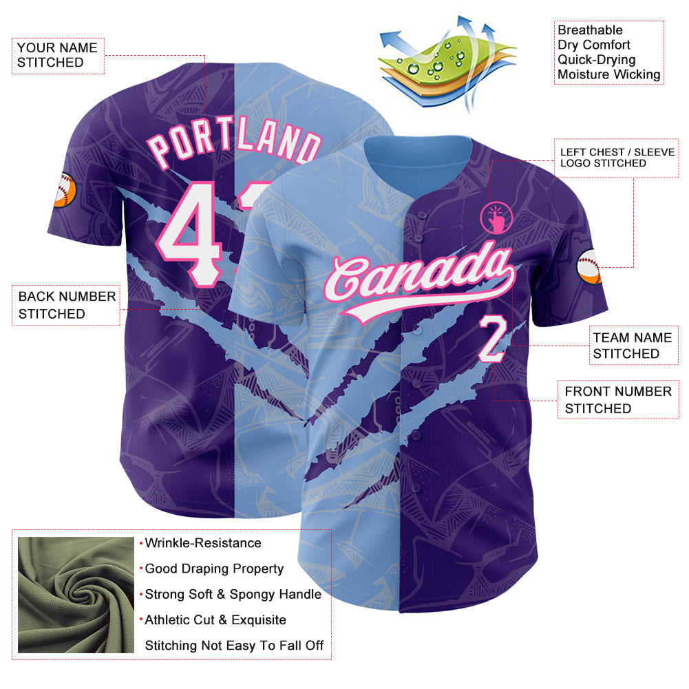 Custom Graffiti Pattern Purple Light Blue-Pink 3D Scratch Authentic Baseball Jersey view 3