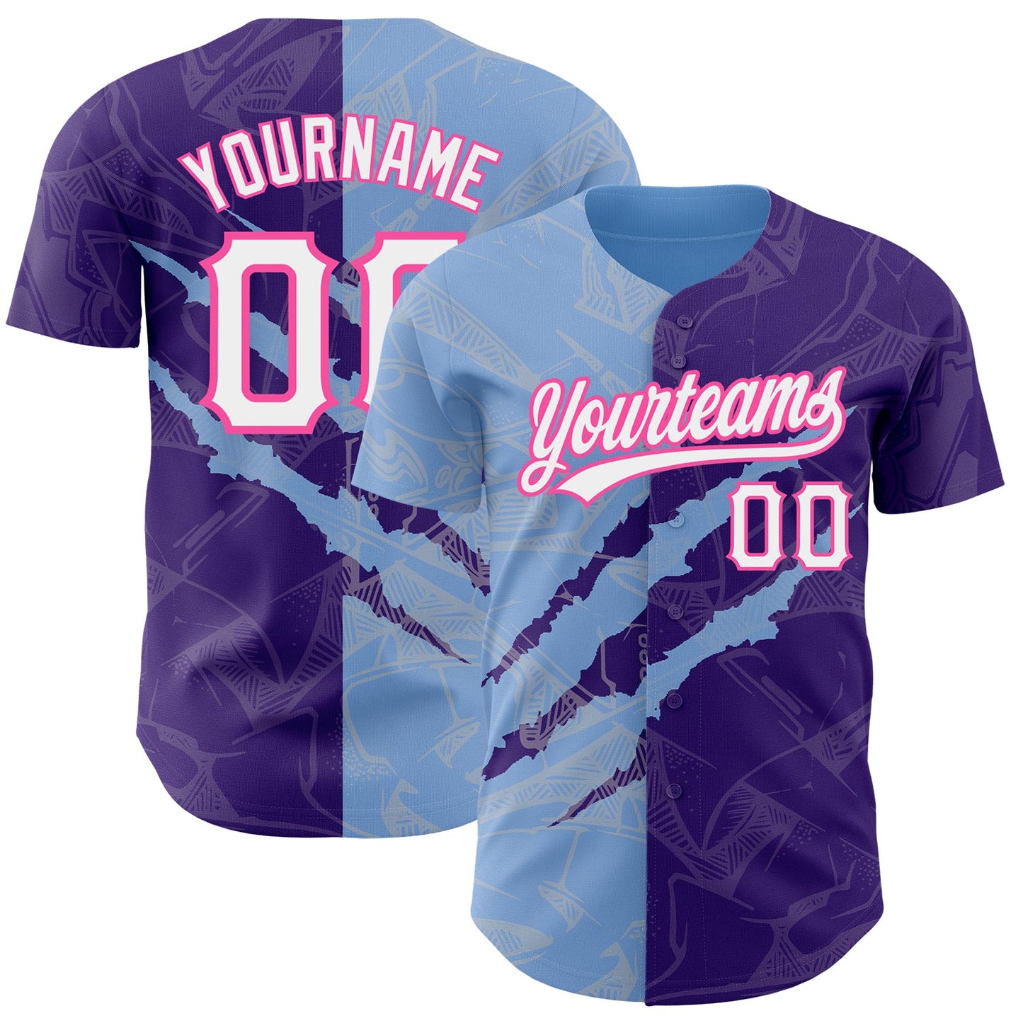 Custom Graffiti Pattern Purple Light Blue-Pink 3D Scratch Authentic Baseball Jersey - Main View
