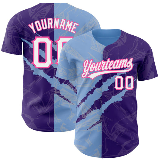 Custom Graffiti Pattern Purple Light Blue-Pink 3D Scratch Authentic Baseball Jersey - Main View