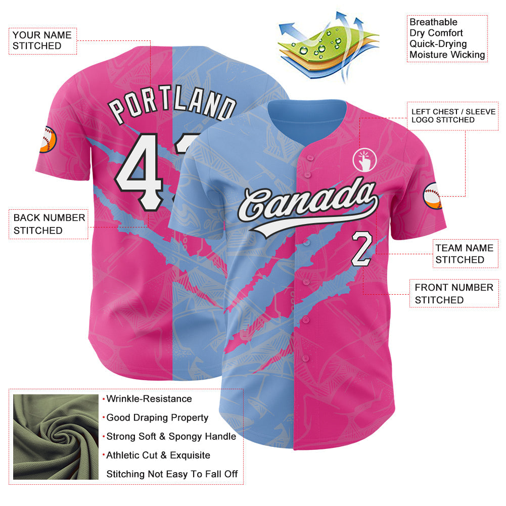 Custom Graffiti Pattern Pink Light Blue-Black 3D Scratch Authentic Baseball Jersey view 3