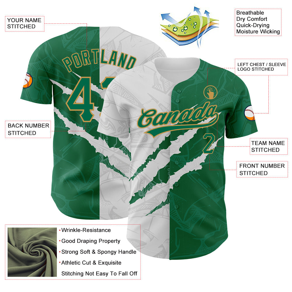 Custom Graffiti Pattern Kelly Green-Old Gold 3D Scratch Authentic Baseball Jersey view 3