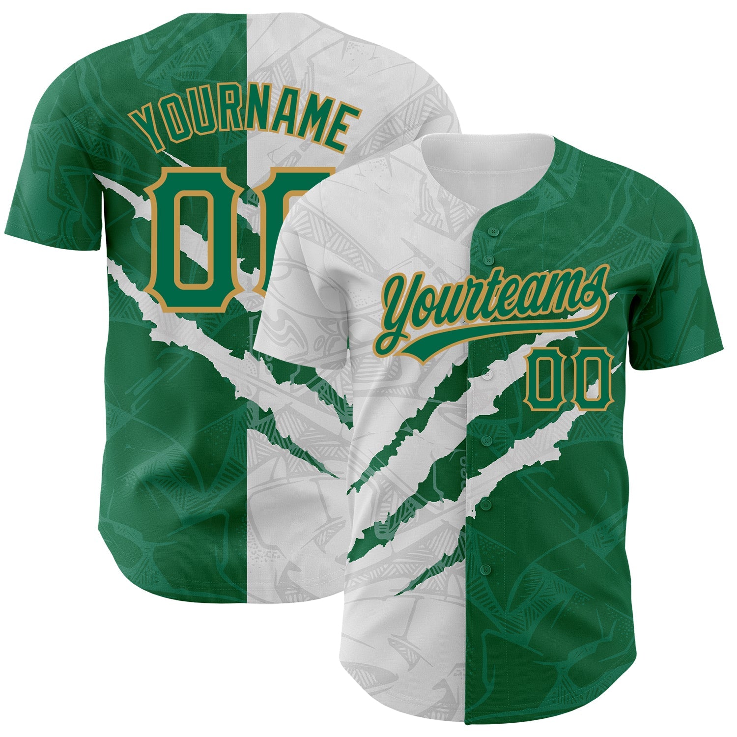 Custom Graffiti Pattern Kelly Green-Old Gold 3D Scratch Authentic Baseball Jersey - Main View