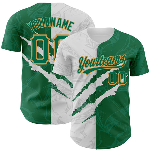 Custom Graffiti Pattern Kelly Green-Old Gold 3D Scratch Authentic Baseball Jersey - Main View