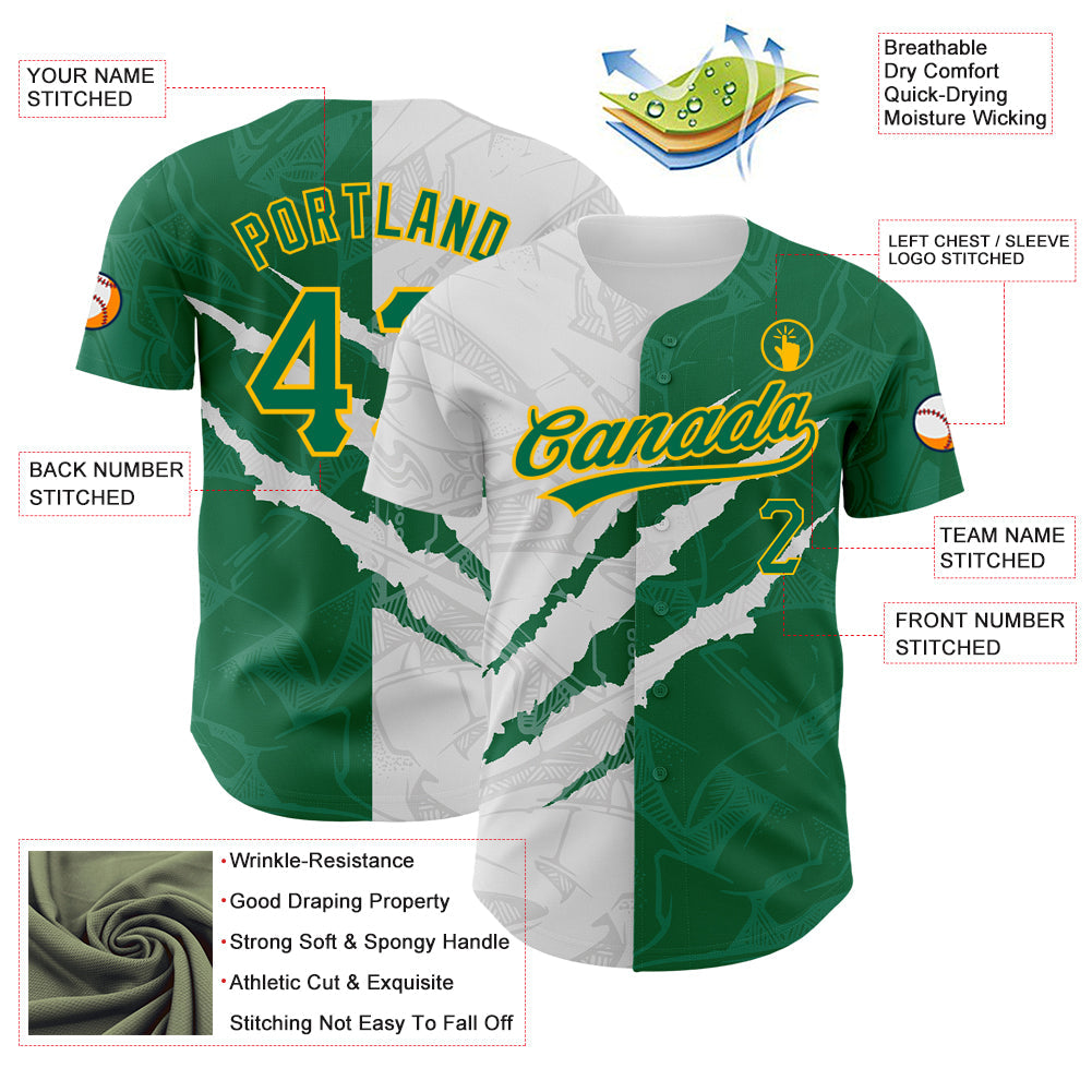Custom Graffiti Pattern Kelly Green-Gold 3D Scratch Authentic Baseball Jersey view 3