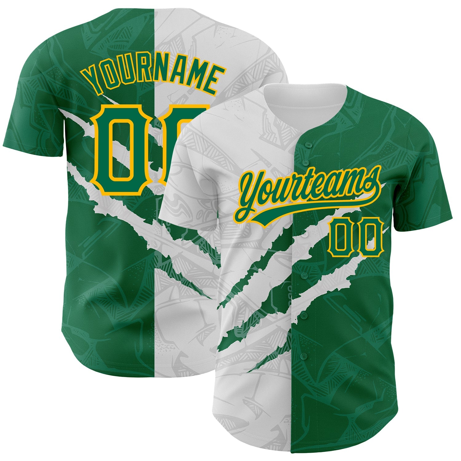 Custom Graffiti Pattern Kelly Green-Gold 3D Scratch Authentic Baseball Jersey - Main View