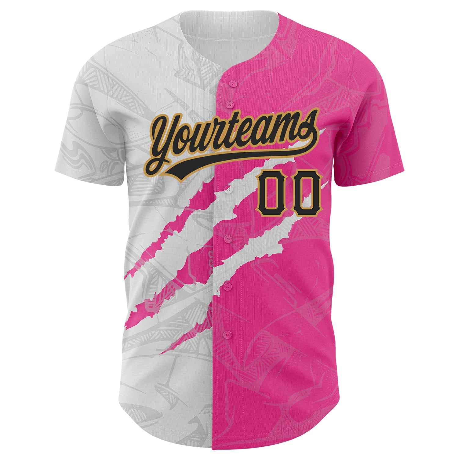Custom Graffiti Pattern Black Pink-Old Gold 3D Scratch Authentic Baseball Jersey view 2