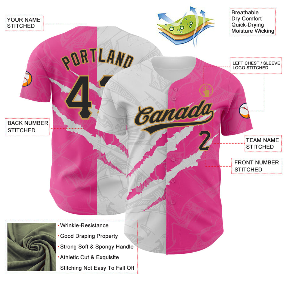 Custom Graffiti Pattern Black Pink-Old Gold 3D Scratch Authentic Baseball Jersey view 3