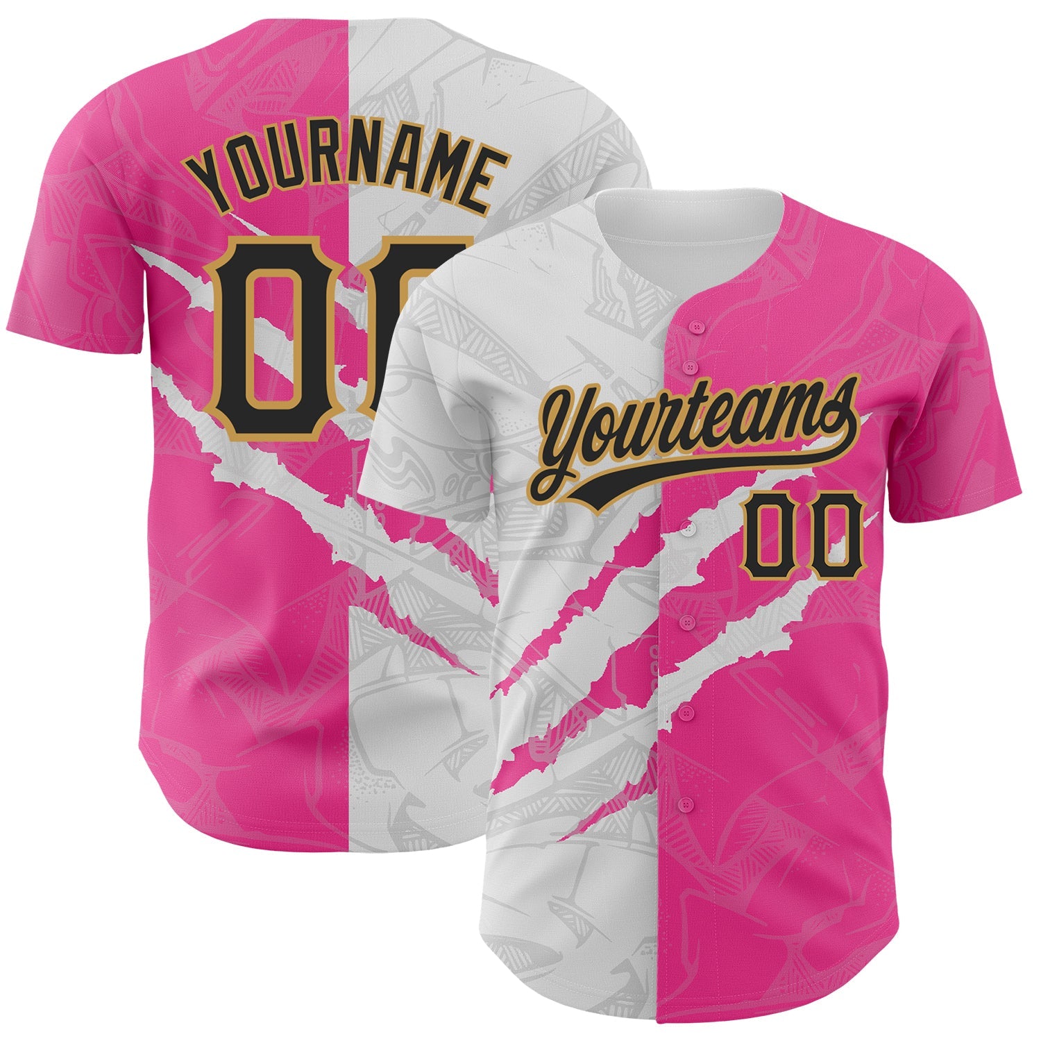 Custom Graffiti Pattern Black Pink-Old Gold 3D Scratch Authentic Baseball Jersey - Main View