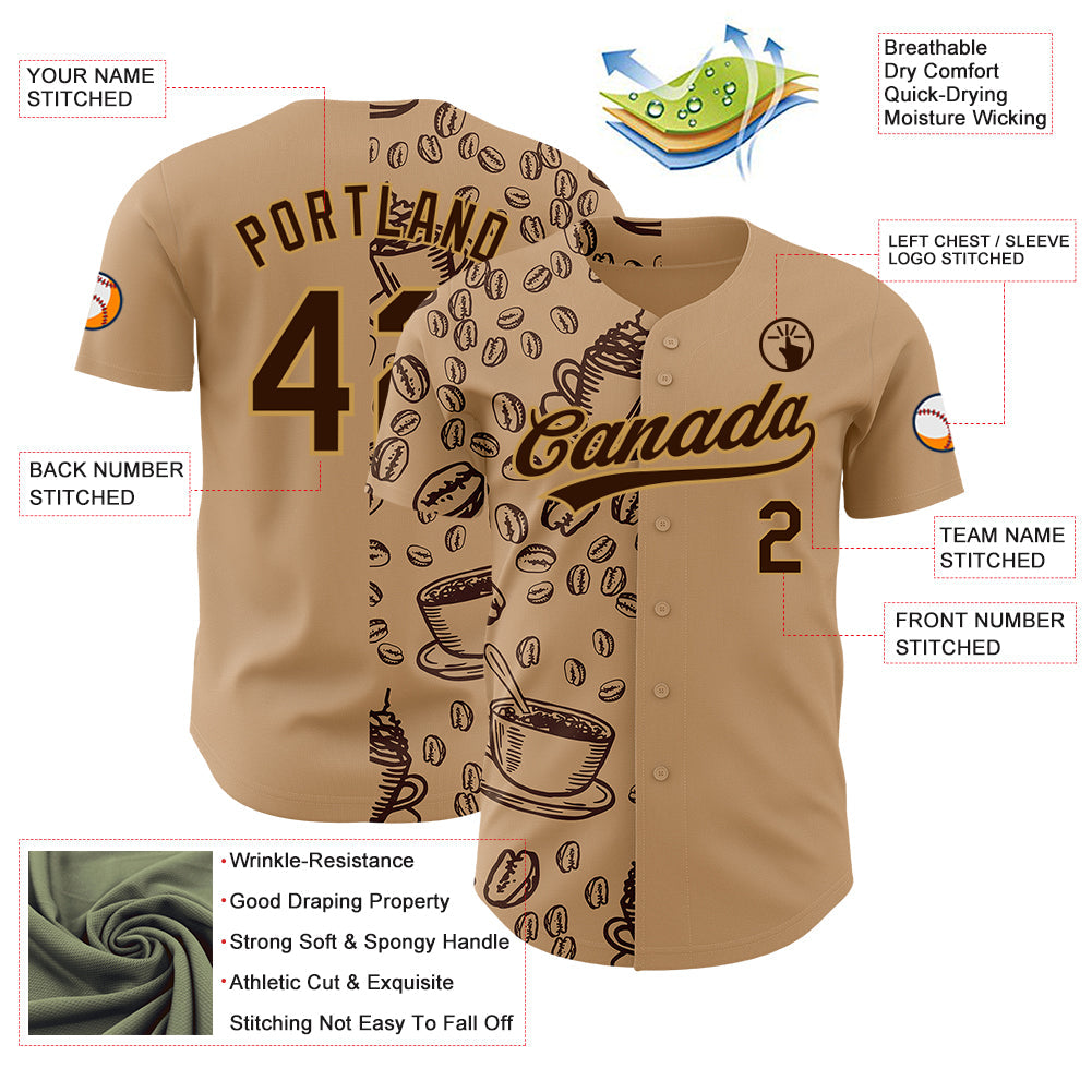 Custom Brown Old Gold 3D Pattern Design International Coffee Day Authentic Baseball Jersey view 3