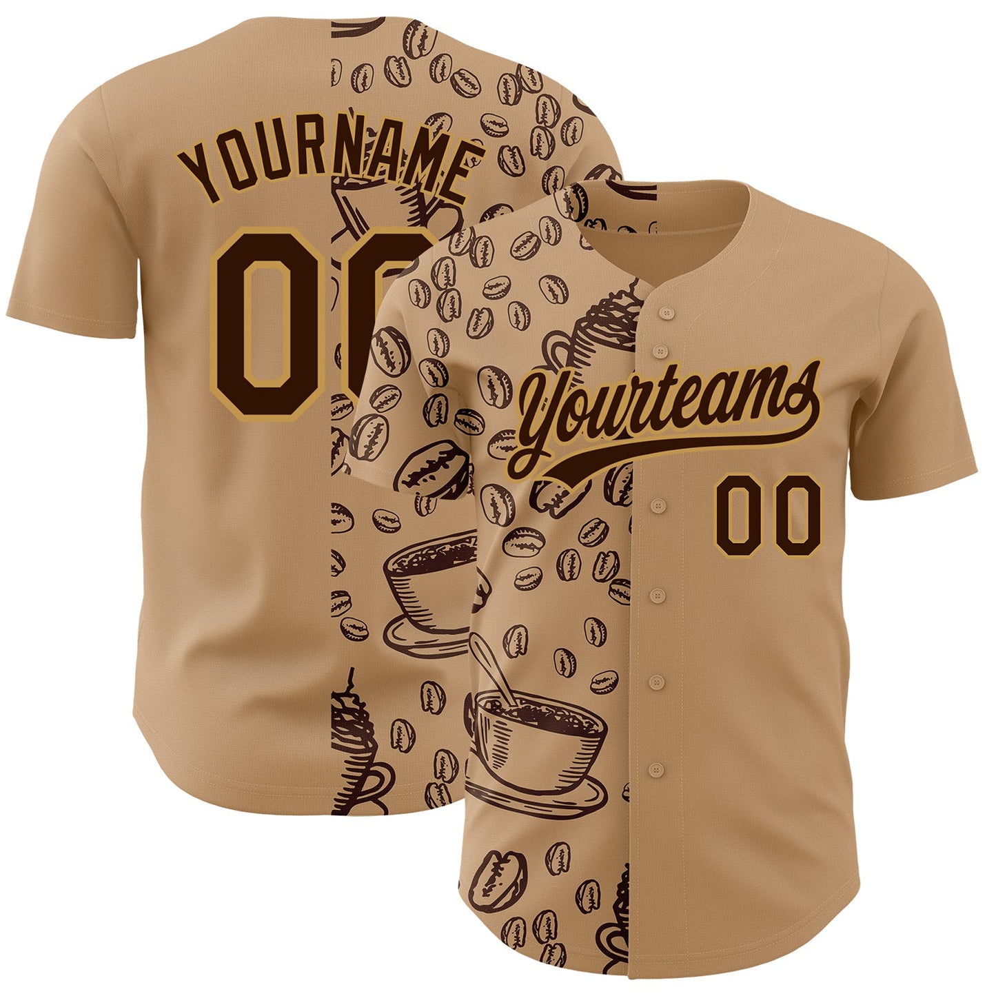 Custom Brown Old Gold 3D Pattern Design International Coffee Day Authentic Baseball Jersey - Main View