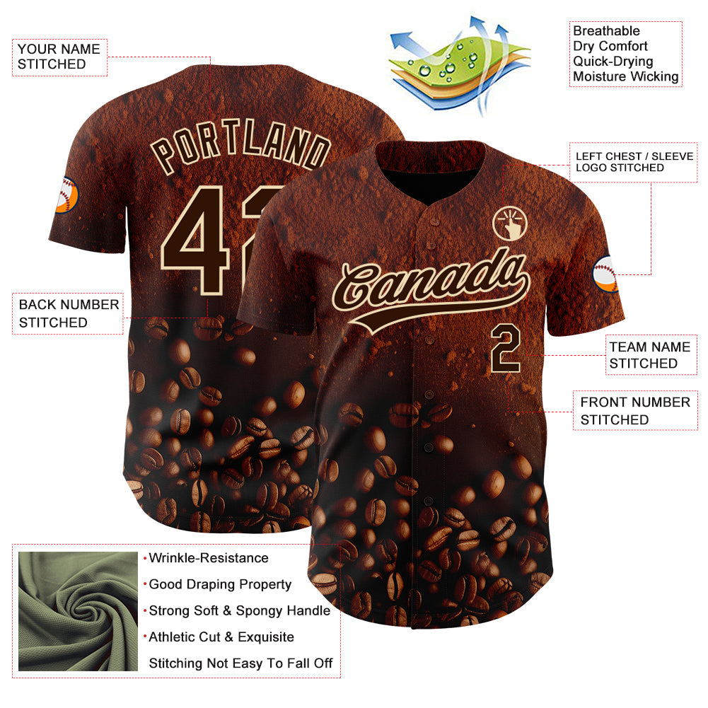 Custom Brown Cream 3D Pattern Design International Coffee Day Authentic Baseball Jersey view 3