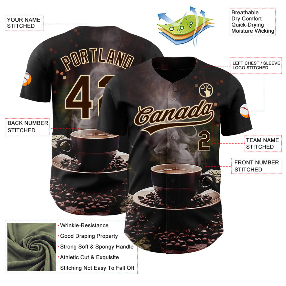 Custom Black Brown Cream 3D Pattern Design International Coffee Day Authentic Baseball Jersey view 3