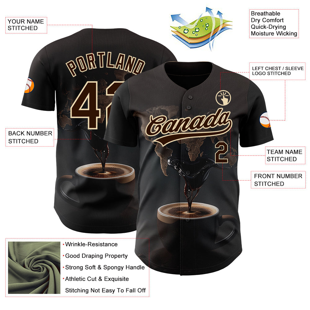 Custom Black Brown Cream 3D Pattern Design International Coffee Day Authentic Baseball Jersey view 3