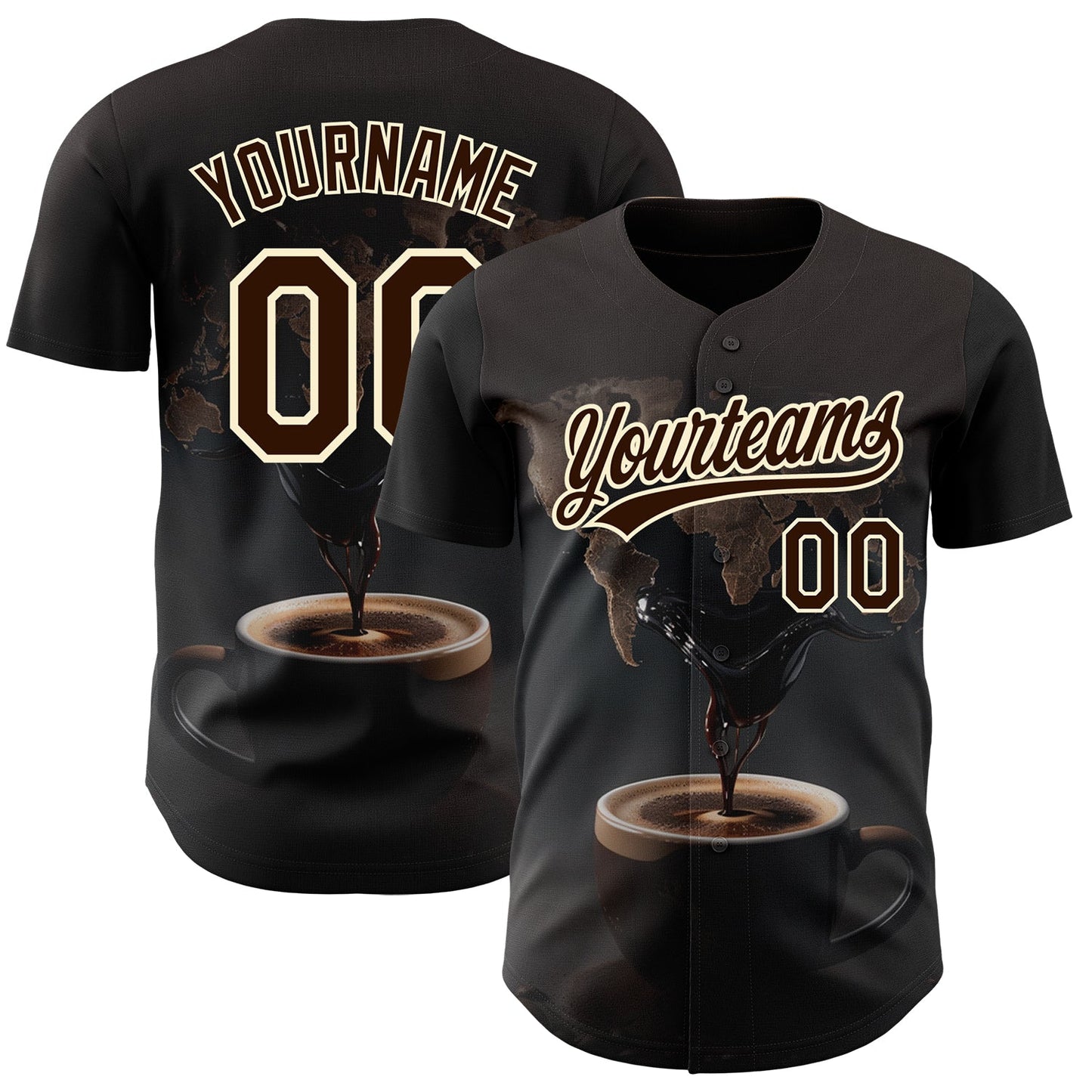 Custom Black Brown Cream 3D Pattern Design International Coffee Day Authentic Baseball Jersey - Main View