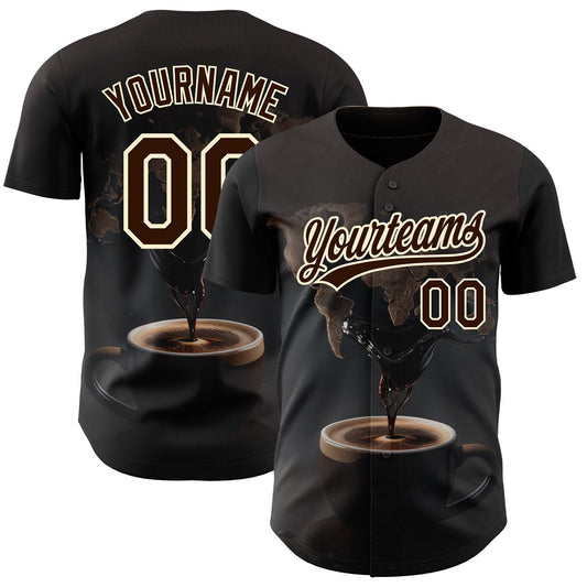 Custom Black Brown Cream 3D Pattern Design International Coffee Day Authentic Baseball Jersey - Main View