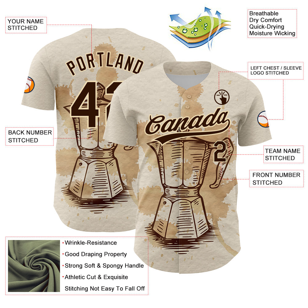 Custom Cream Brown 3D Pattern Design Vintage Coffee Maker Authentic Baseball Jersey view 3