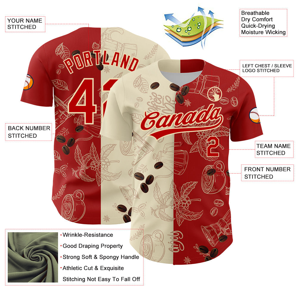 Custom Cream Red 3D Pattern Design International Coffee Day Authentic Baseball Jersey view 3