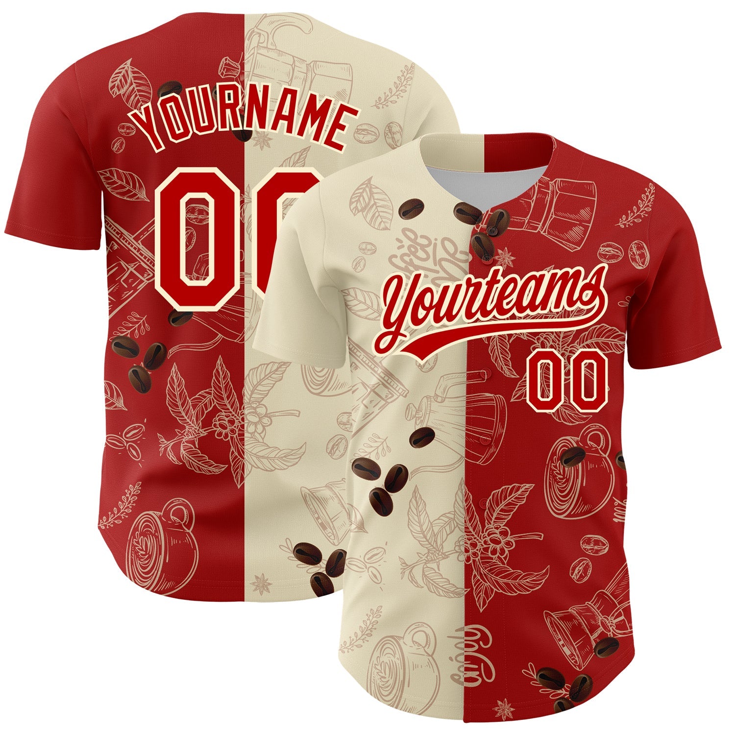 Custom Cream Red 3D Pattern Design International Coffee Day Authentic Baseball Jersey - Main View
