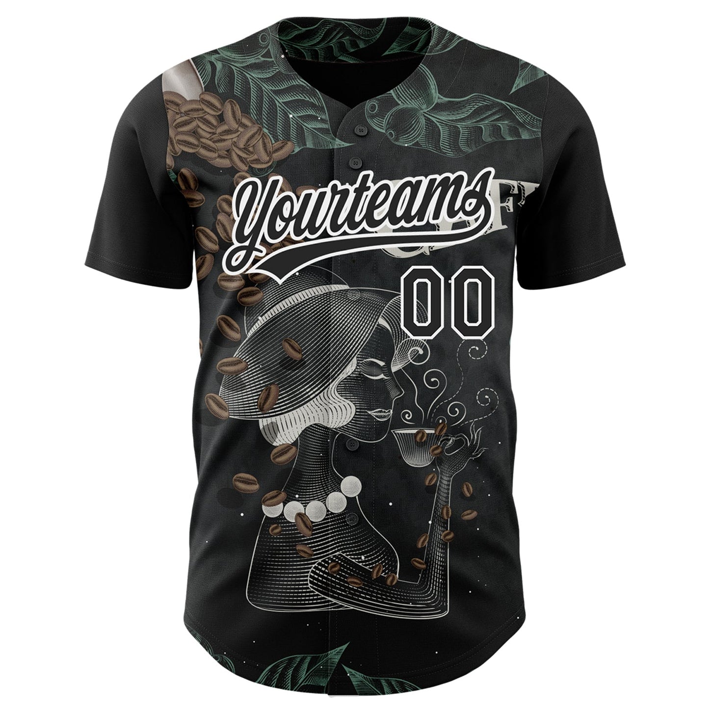 Custom Black White 3D Pattern Design International Coffee Day Authentic Baseball Jersey view 2