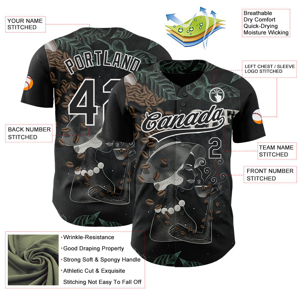 Custom Black White 3D Pattern Design International Coffee Day Authentic Baseball Jersey view 3