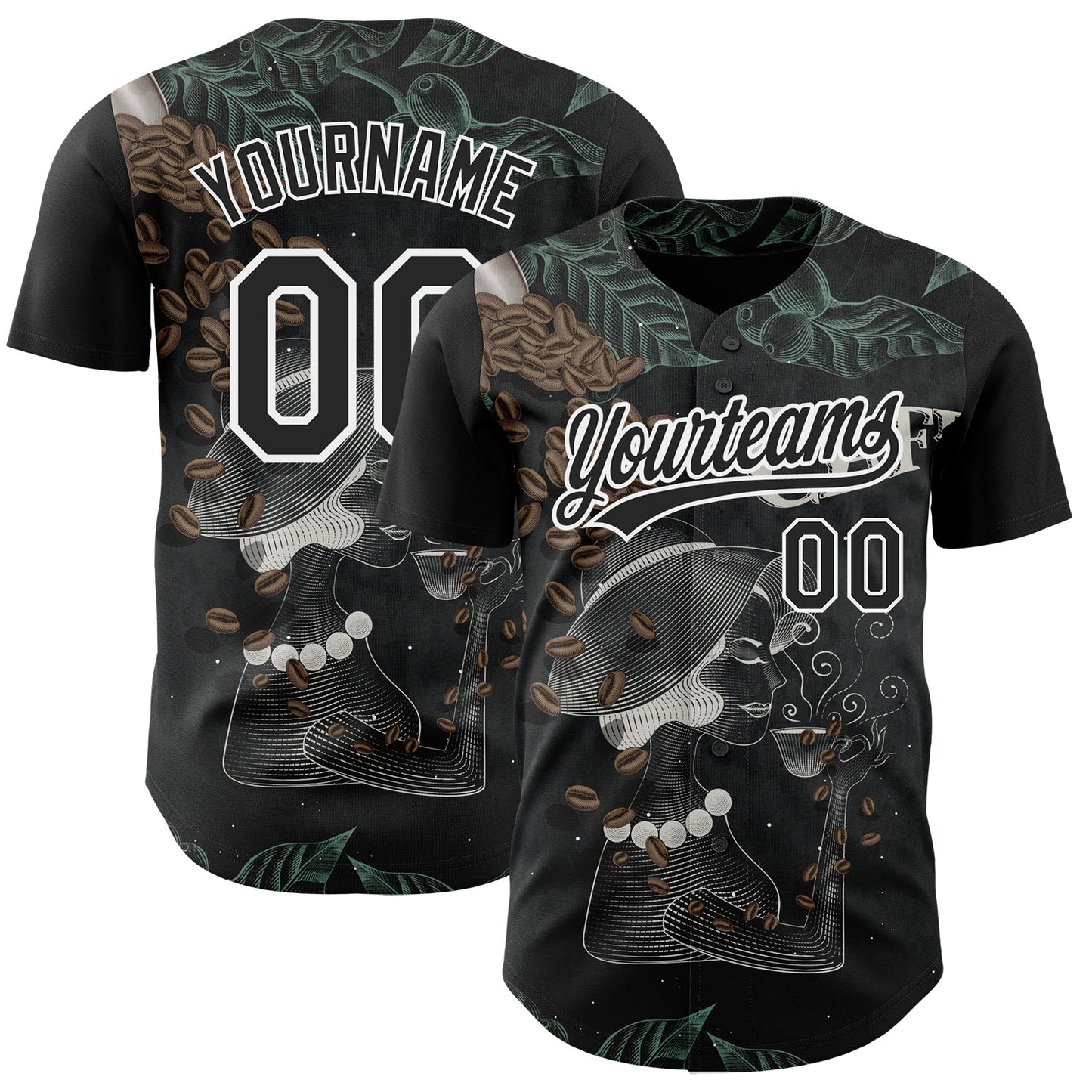 Custom Black White 3D Pattern Design International Coffee Day Authentic Baseball Jersey - Main View