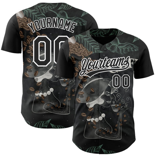 Custom Black White 3D Pattern Design International Coffee Day Authentic Baseball Jersey - Main View