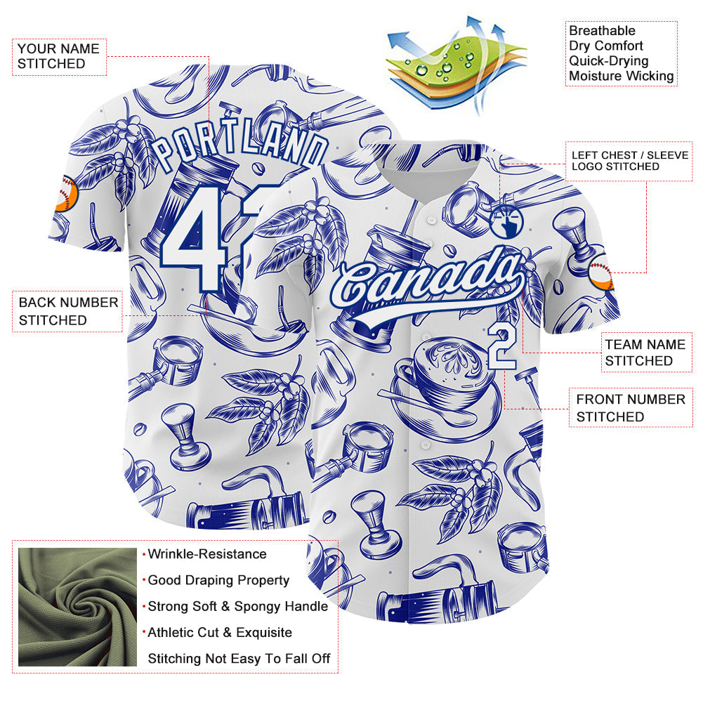Custom White Royal 3D Pattern Design International Coffee Day Authentic Baseball Jersey view 3