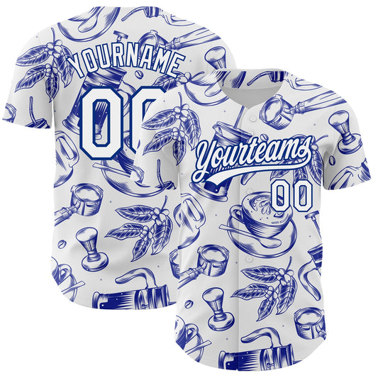 Custom White Royal 3D Pattern Design International Coffee Day Authentic Baseball Jersey - Main View